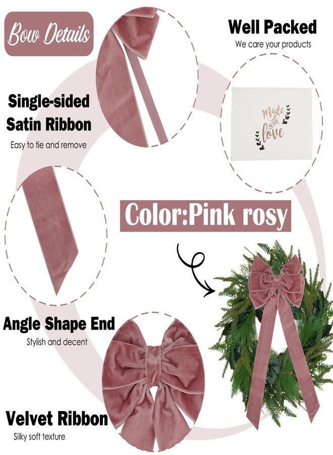 AIMUDI Pink Rosy Velvet Bows - 6.5" x 15" Christmas Bows for Gift Wrapping, Tree, Wreath, Garland, Staircase, Home & Outdoor Winter Decorations, 2 PCs - Image 3